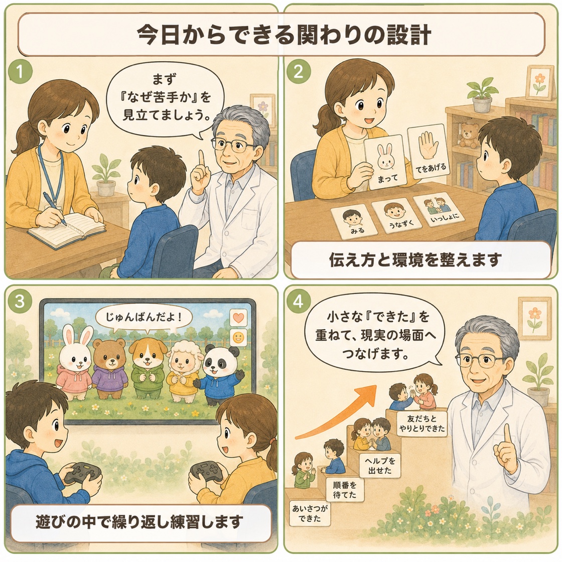解説まんが『今日からできる関わりの設計』。見立て・伝え方の工夫・遊びでの練習・小さな「できた」の積み重ねで現実の場面へつなげる4コマ