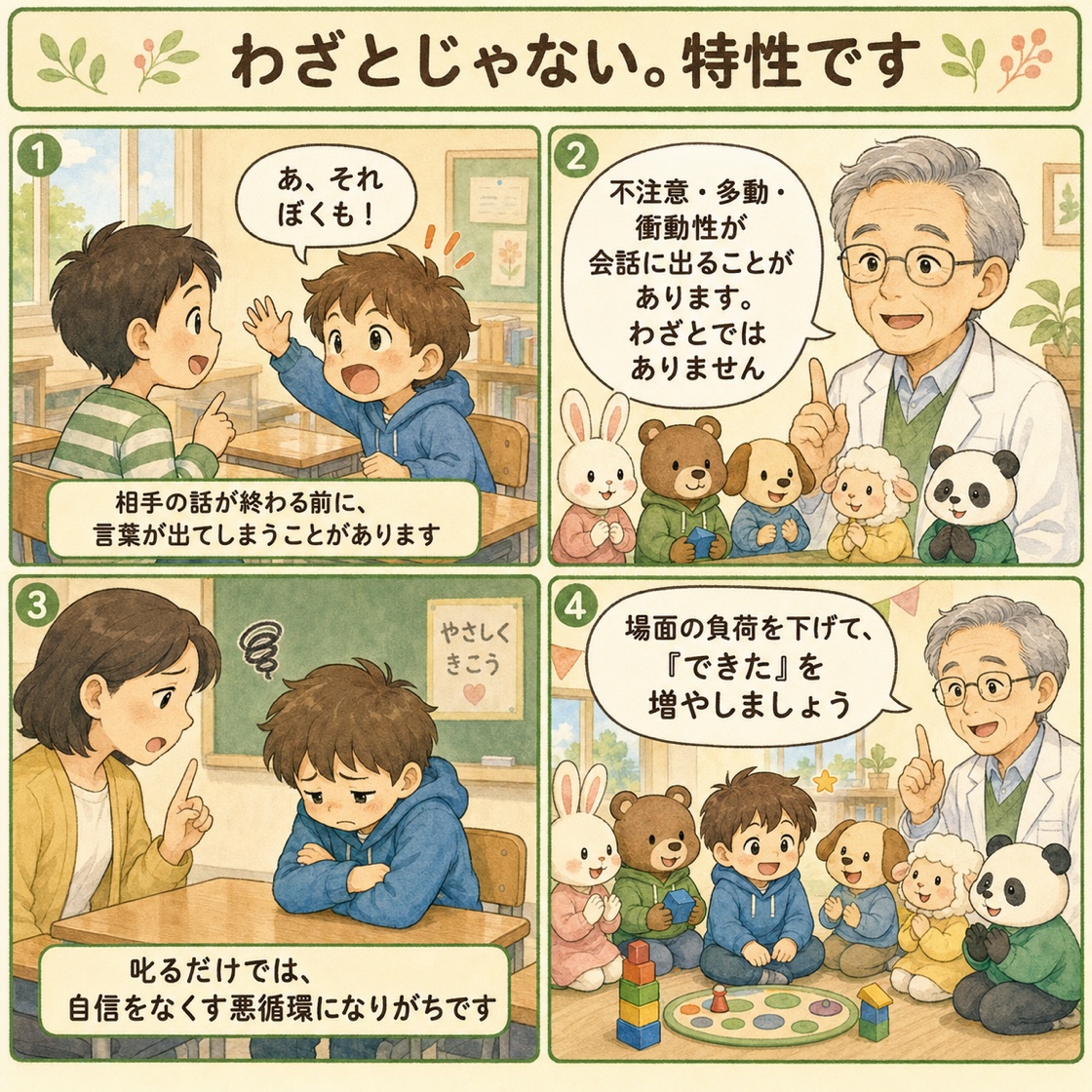 解説まんが『わざとじゃない。特性です』。会話への割り込みが特性として現れること、叱るだけでは悪循環になりがちなこと、負荷を下げて「できた」を増やす関わりを描いた4コマ