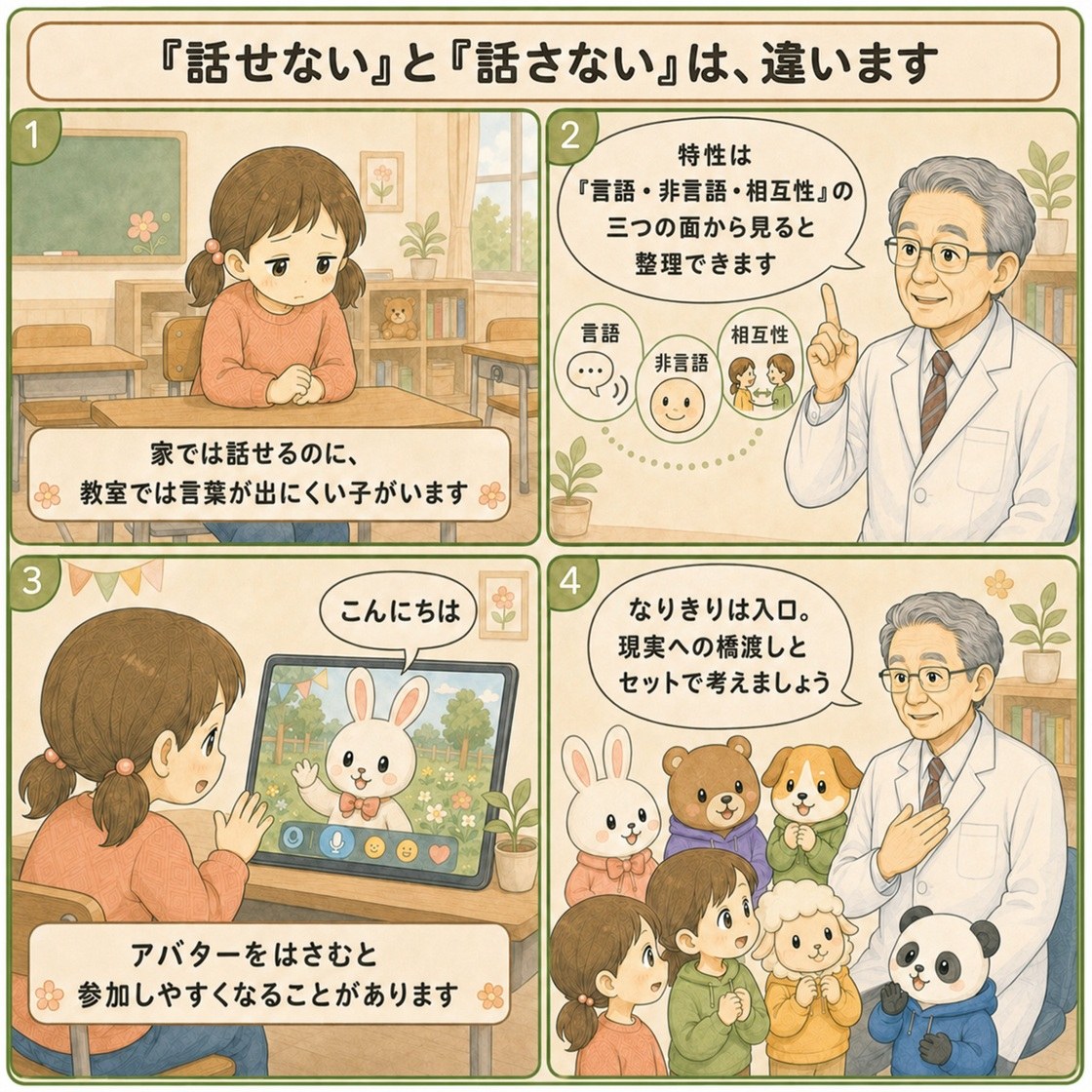 解説まんが『「話せない」と「話さない」は、違います』。教室で言葉が出にくい子が、言語・非言語・相互性の整理とトレーニングの入口を経て、現実への橋渡しを考える4コマ