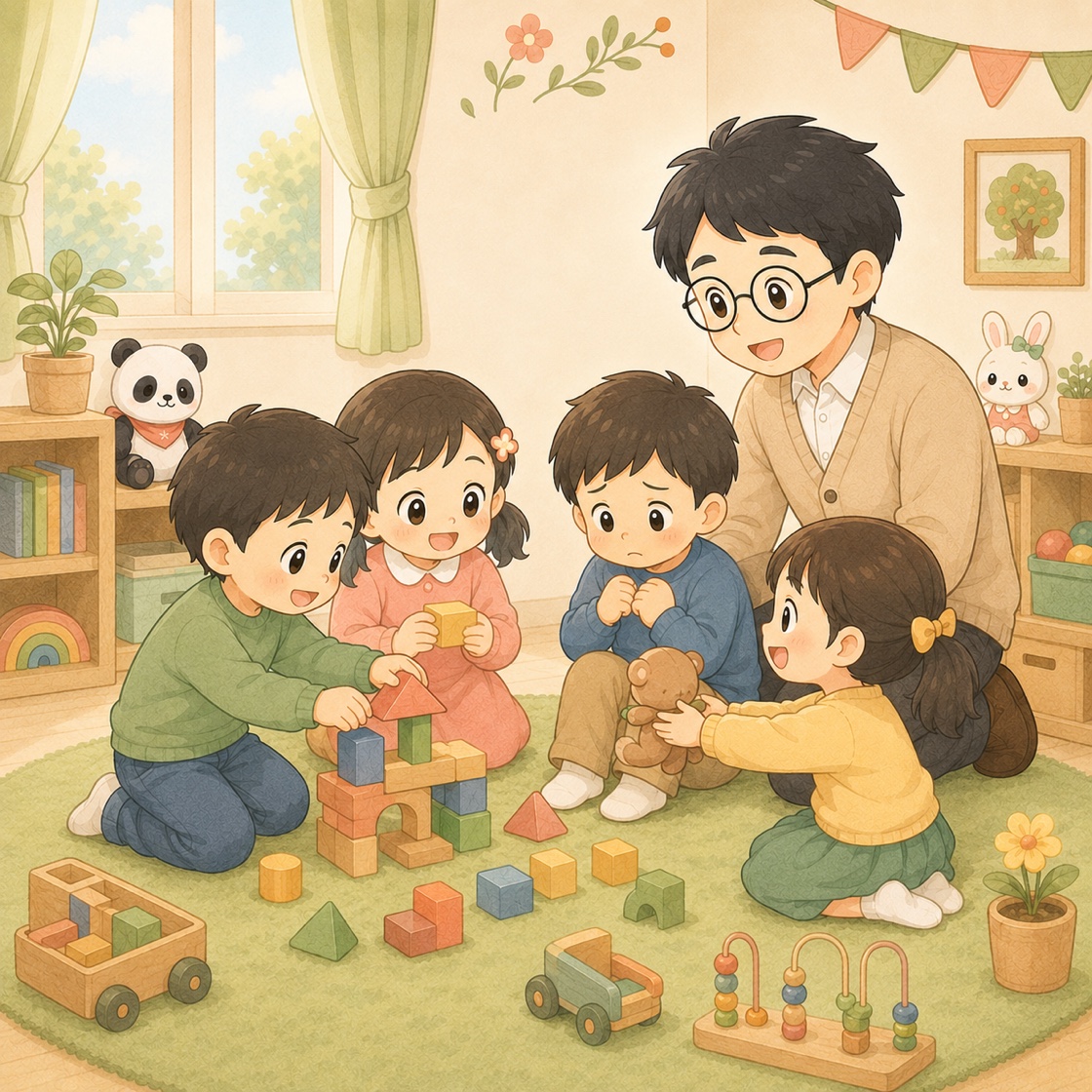 先生と数人の子どもが一緒に積み木で遊ぶ、前向きな関わりのイラスト（ADHDの実践）