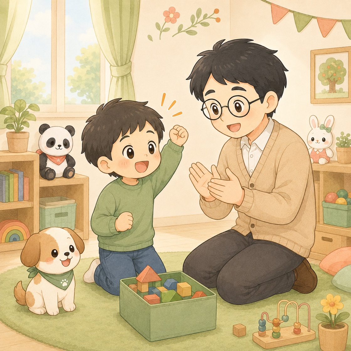 先生が拍手して「できたね」とほめ、子どもがうれしそうにするイラスト（ADHDへの関わり）