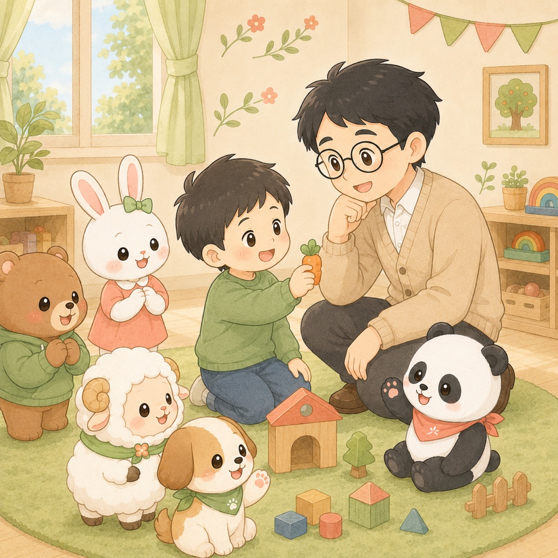 子どもが動物のアバター（うさぎ・くま・犬・羊・パンダ）と一緒に過ごし、なりきりで練習するイラスト