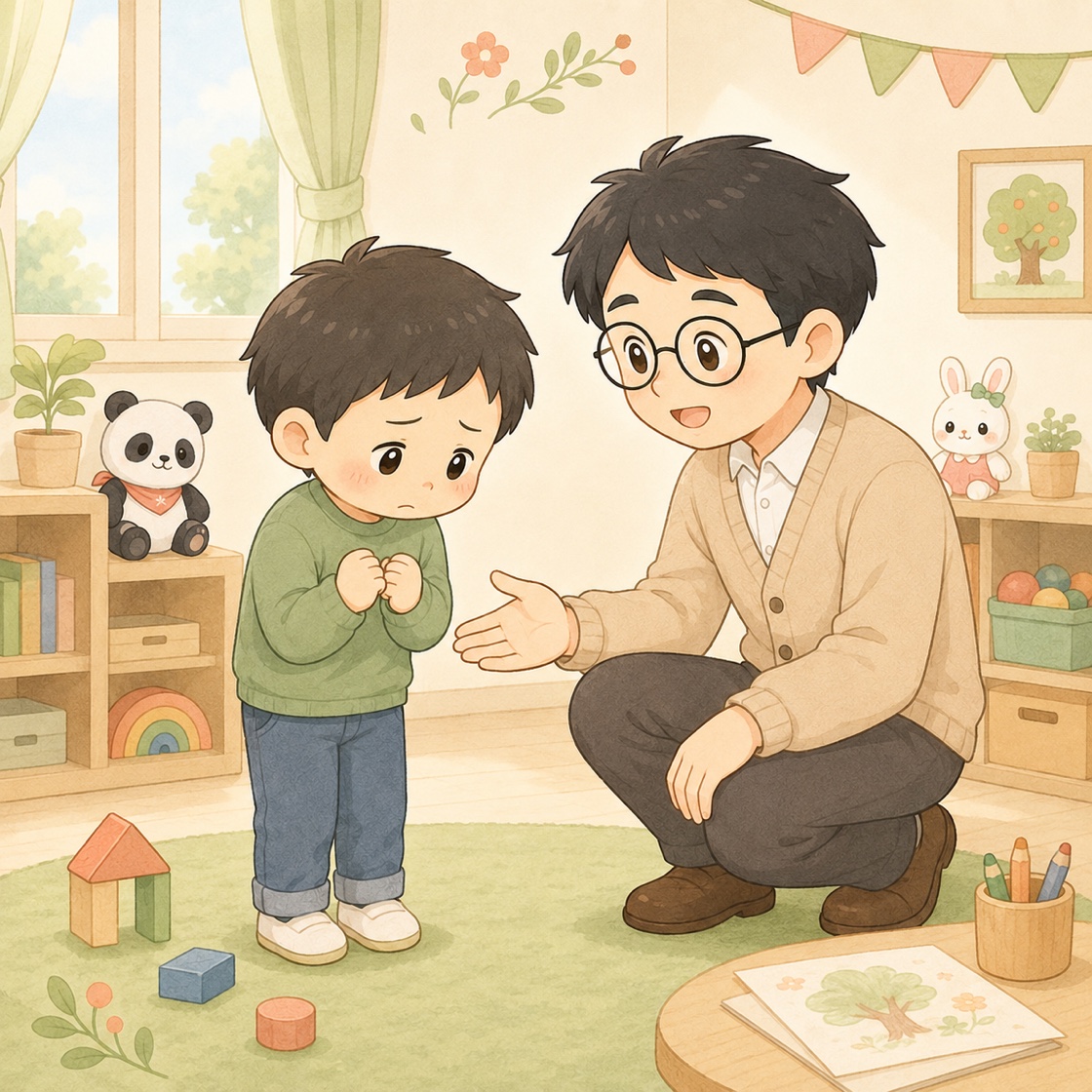 教室で、ことばが出ずにうつむく子に先生がやさしく寄り添うイラスト（自閉症のコミュニケーション）