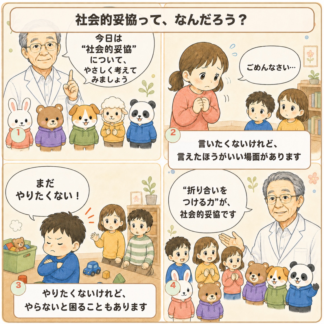 解説まんが1ページ目。先生が「社会的妥協（折り合いをつける力）」をやさしく紹介する1コマ