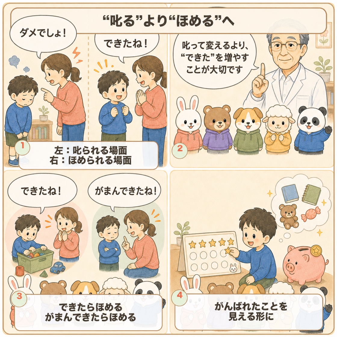 解説まんが3ページ目「叱るよりほめるへ」。ネガティブなパターン(叱る)とポジティブなパターン(できたらほめる・がまんできたらほめる)を左右で比較した4コマ