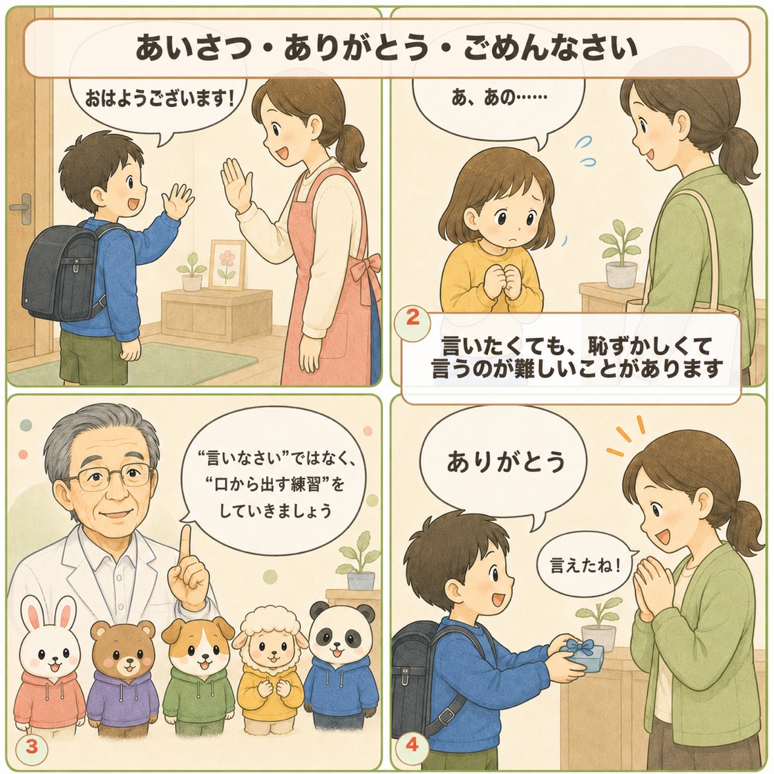 解説まんが4ページ目「あいさつ・ありがとう・ごめんなさい」。あいさつできる子、恥ずかしくて言えない子、口から出す練習の大切さ、言えてほめられる場面を描いた4コマ