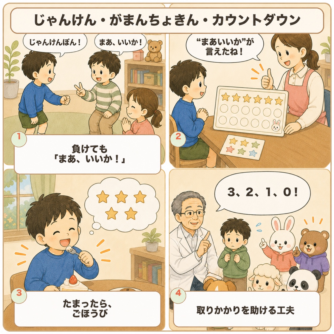 解説まんが6ページ目「じゃんけん・がまんちょきん・カウントダウン」。負けを「まあいいか」と受け入れる練習、星シールが貯まるがまん貯金、消え物のごほうび、3・2・1・0のカウントダウンを描いた4コマ