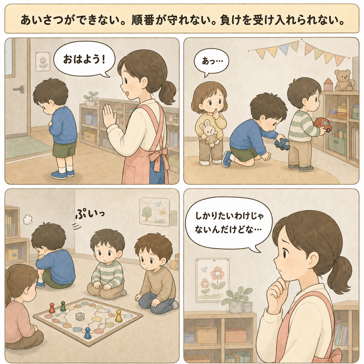 教室での課題の場面。あいさつができない・順番を待てない・負けを受け入れられない子どもと、見守る先生のまんが
