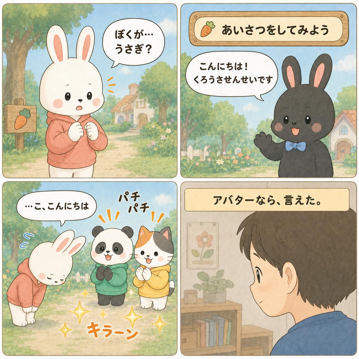 動物アバターになりきって「こんにちは」とあいさつできた子ども。アバターなら言えた、というまんが