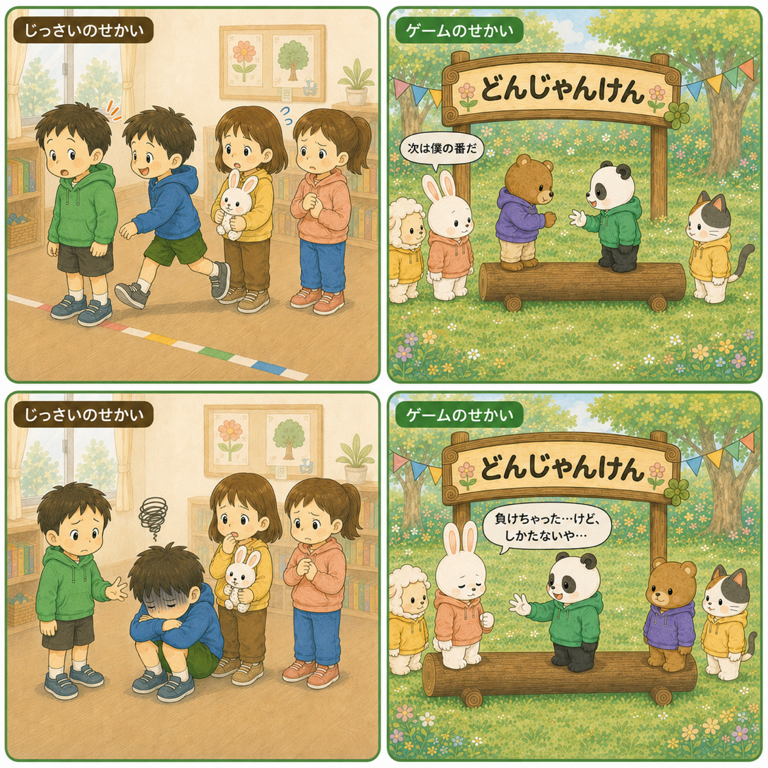 じっさいの世界では順番の横入りや負けて落ち込むことがあっても、ゲームの世界のどんじゃんけんなら順番を待ち「負けちゃった、けど、しかたないや」と受け入れる練習ができることを対比で描いたまんが