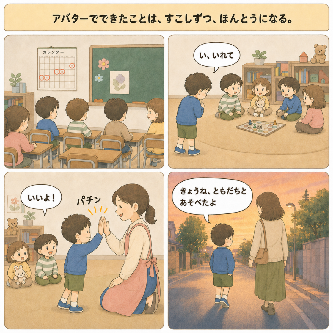 アバターでできたことが現実につながり、あいさつや友だちとの遊びが教室や家庭でもできるようになるまんが